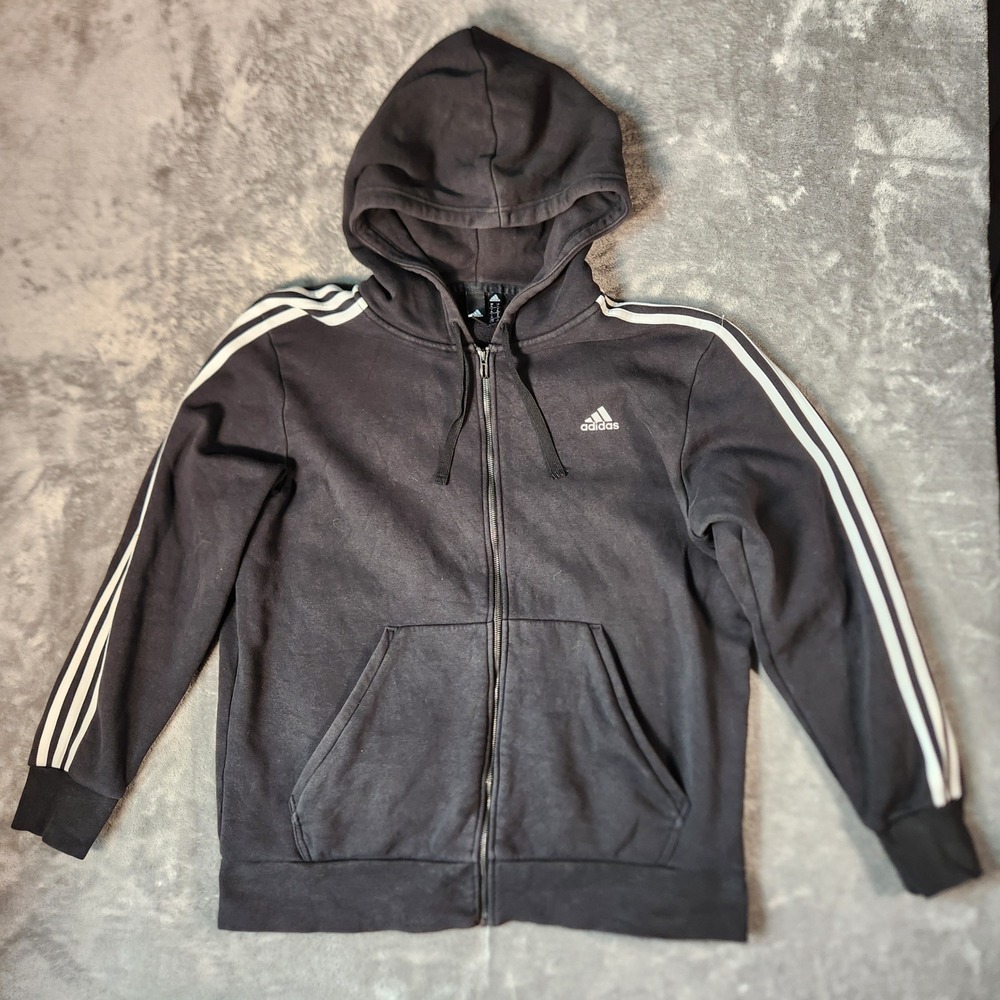 Adidas Full Zip Hoodie Mens XL Black Excellent 3-Stripes Fleece B47368